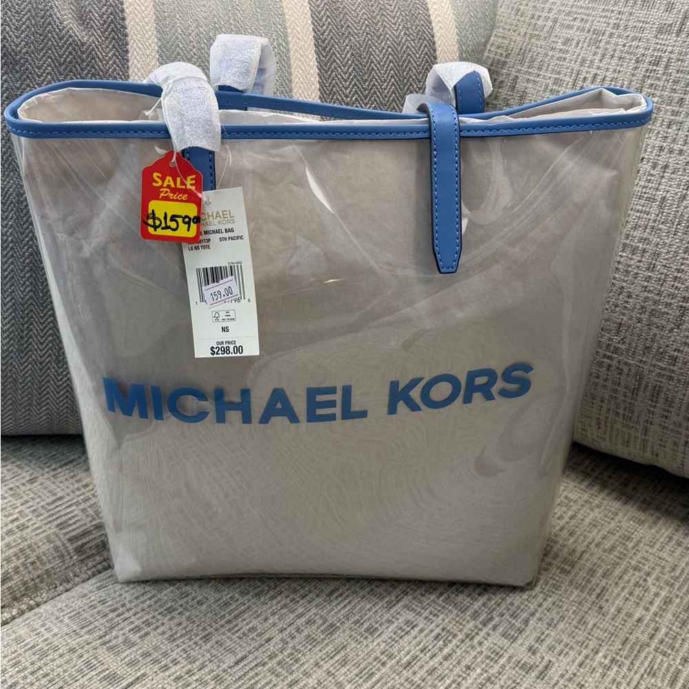 Michael Kors Light Gray Tote with Blue Trim